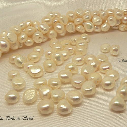 25 veritables perles de culture nacrées baroques d'eau douce rondes blanches dim 8-9 mm 