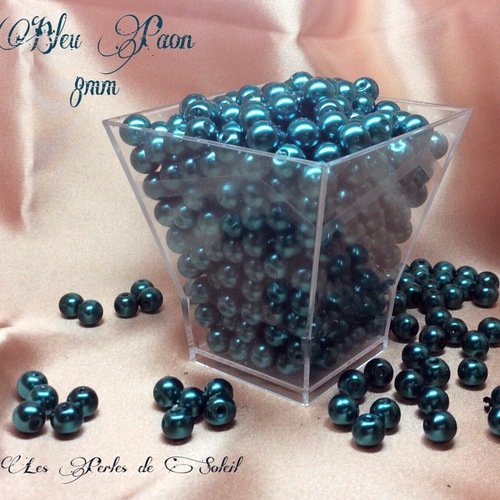 50 perles nacrées 8mm en verre   - bleu paon - entre le bleu et le vert 