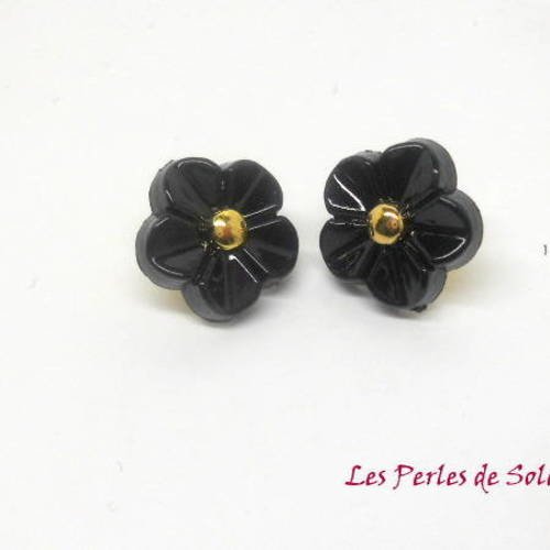 Lot de 2 boutons en forme de fleur noires diam 11mm montes sur metal doré+++ +++ 