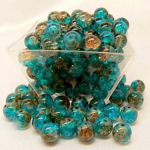 25 perles en verre craquelees bleu / café 8mm 