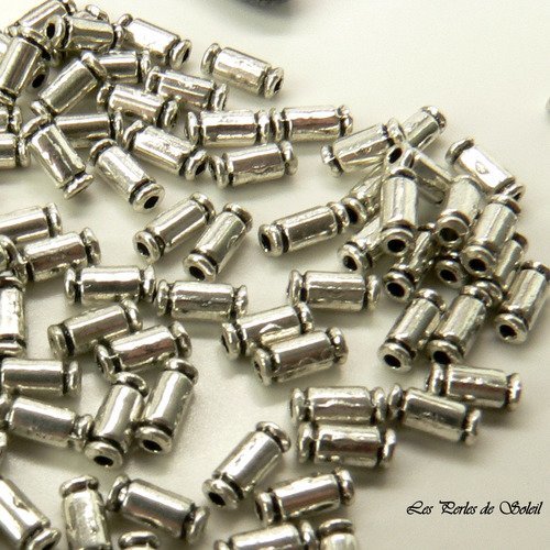25 perles petits tubes en metal couleur argent antique 7x3mm