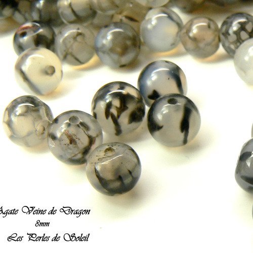 24  perles  8mm agates naturelles veritables  veine de dragon noires et blanches