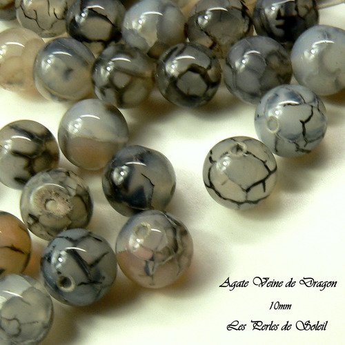 19 perles 10mm  agates naturelles veritables veine de dragon noires et blanches