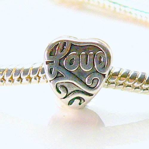 4 perles breloque coeur (love) pour bracelet charm en metal couleur argent antique 10x9mm