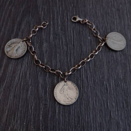 Bracelet piece coins marianne sur bracelet argent 925/1000