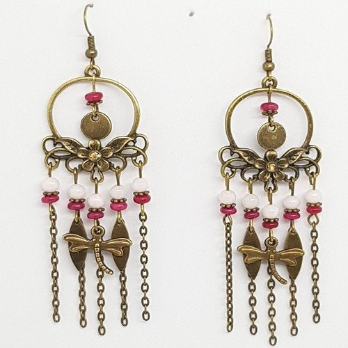 Boucles d'oreilles pendantes, bohème chic, perles de jade, métal bronze