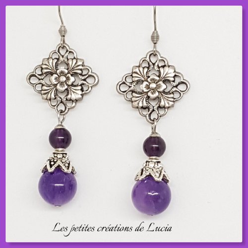 Boucles d'oreilles baroques violettes, perles améthystes