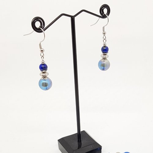 Boucles d'oreilles bleues, lapis-lazuli, cristal quartz, acier inoxydable