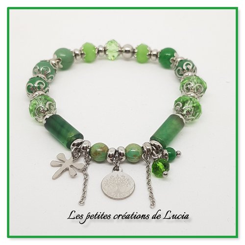 Bracelet vert sur élastique, perles gemmes, tchèques, cristal, acier inoxydable