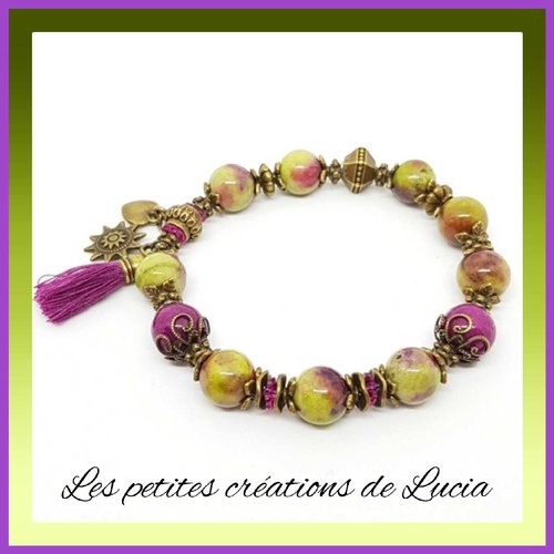 N'est plus en stock bracelet bohème, ethnique, vert olive et violine, sur élastique, perles de gemme, métal bronze