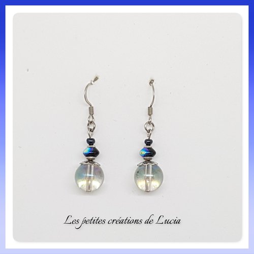 Boucles d'oreilles pendantes, noires et transparentes, perles tchèques, cristal quartz, acier inoxydable