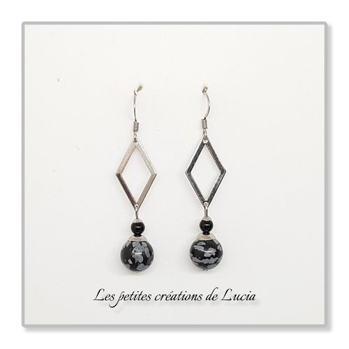 Boucles d'oreilles noires en acier inoxydable, perles obsidiennes
