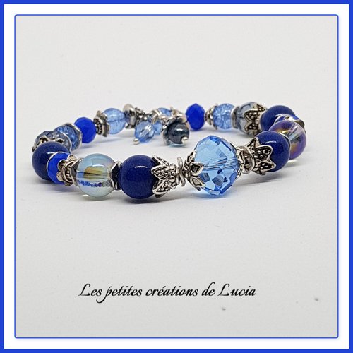 Bracelet bleu à mémoire de forme 1 tour, perles naturelles, cristal, métal argenté