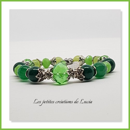 Bracelet vert à mémoire de forme 1 tour, perles naturelles, cristal, métal argenté