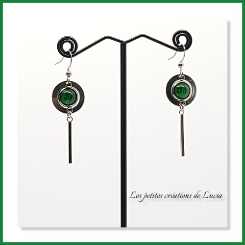 Boucles d'oreilles pendantes, acier inoxydable, cabochon vert swarovski