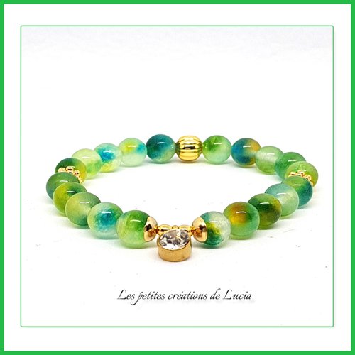 Bracelet vert, sur élastique, perles naturelles (calcédoines) acier inoxydable