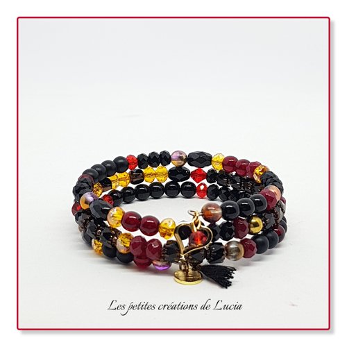 Bracelet à mémoire de forme noir, rouge, doré, 3 tours, perles tchèques, perles de verre