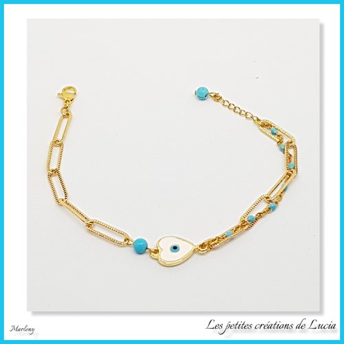 Bracelet sur chaînes en acier inoxydable dorées et bleues, connecteur oeil en émail plaqué or