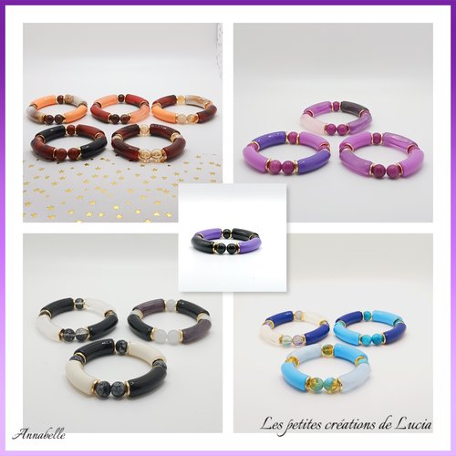 Bracelet sur élastique, noir et violet, perles incurvées, perles naturelles, plaqué or