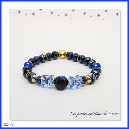 Bracelet sur élastique, bleu et noir, perles naturelles, acier inoxydable doré