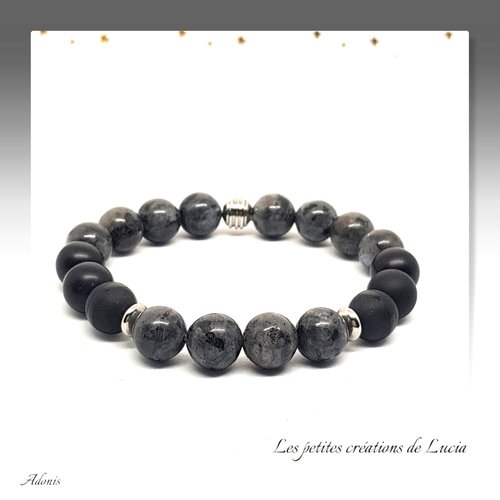 Bracelet homme, noir et gris, sur élastique, perles  naturelles, acier inoxydable