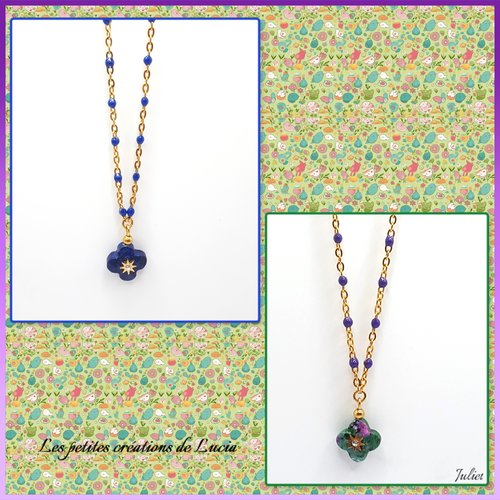 Collier en acier inoxydable avec petites perles en résine. pendentif trèfle bleu en pierre gemme facettée lapis lazuli