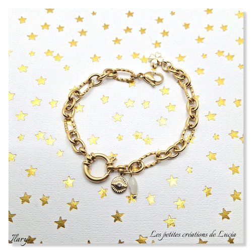 Bracelet en acier inoxydable, breloque oeil et perle de nacre
