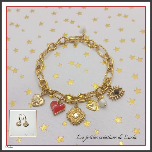 Bracelet en acier inoxydable doré, breloques coeurs et trèfles