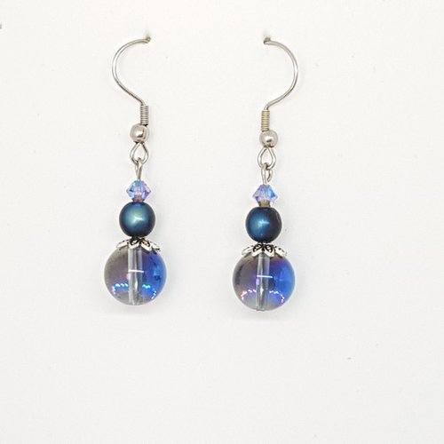 Boucles d'oreilles acier inoxydable, perles cristal quartz 10 mn aura violet,perles noires verre de bohème 6 mm,