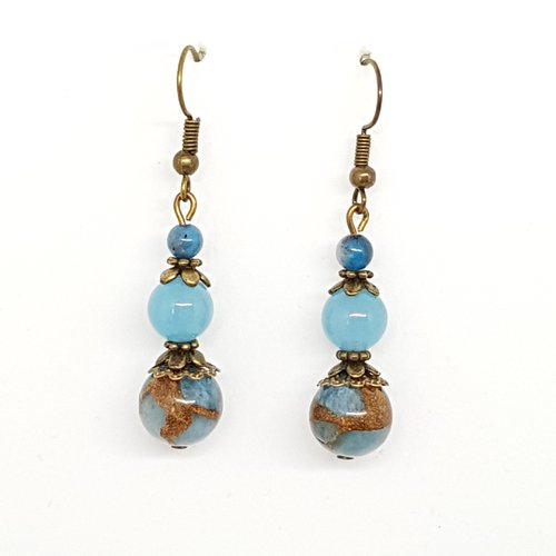 Boucles d'oreilles élégantes, perles bleues, quartz, jade