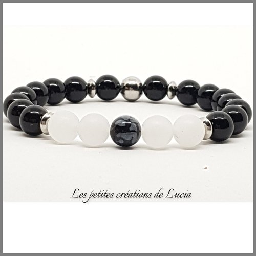 Bracelet noir et blanc sur élastique, agates, obsidienne, perles de jade, acier inoxydable