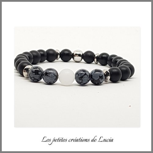 Bracelet homme ou femme, noir et blanc sur élastique, agates, obsidiennes, perles de jade, acier inoxydable