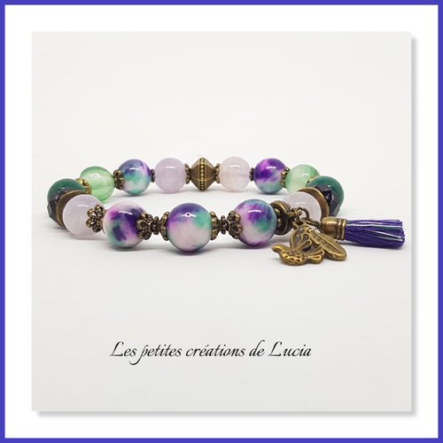 Bracelet bohème, perles de jade et agates 10 mm tons violets, verts, blancs 10mm, lavande, métal bronze