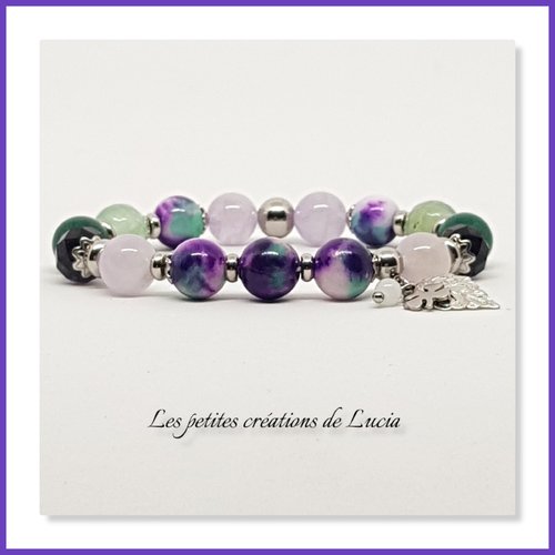 Bracelet élégant, sur élastique, perles naturelles tons violine, vert, lavande, acier inoxydable
