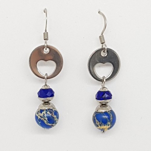 Boucles d'oreilles pendantes, bleues, perles naturelles, connecteur coeur en acier inoxydable