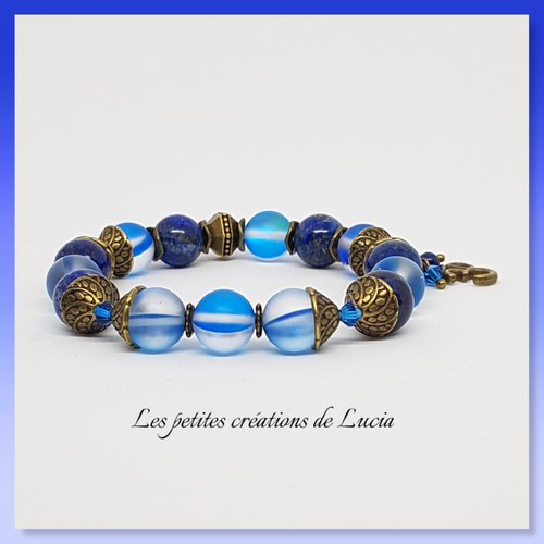 Bracelet bleu, bohème, ethnique sur élastique, cristal, lapis-lazuli, métal bronze