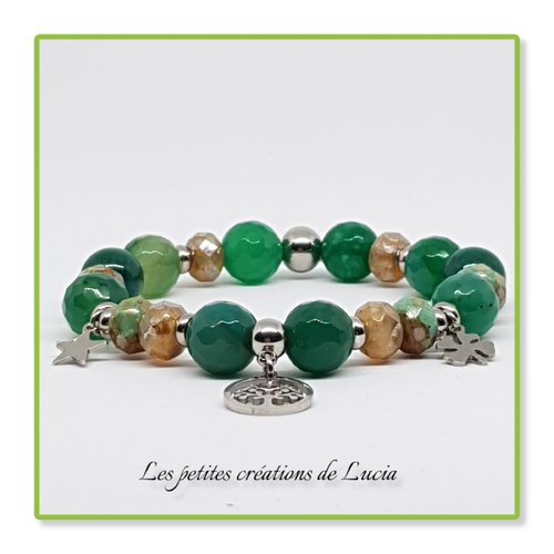 Bracelet bohème chic vert, agates, perles tchèques, acier inoxydable