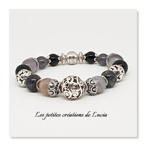 Bracelet d'inspiration ethnique, noir et gris, perles naturelles, métal argenté, élastique