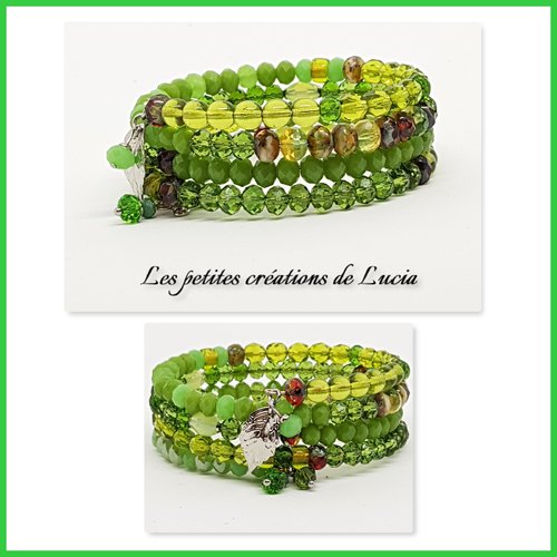 Bracelet vert à mémoire de forme 4 tours, perles tchèques, acier inoxydable