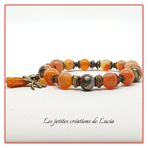 Bracelet bohème orange sur élastique, agates, perles de jade, régalites, métal bronze