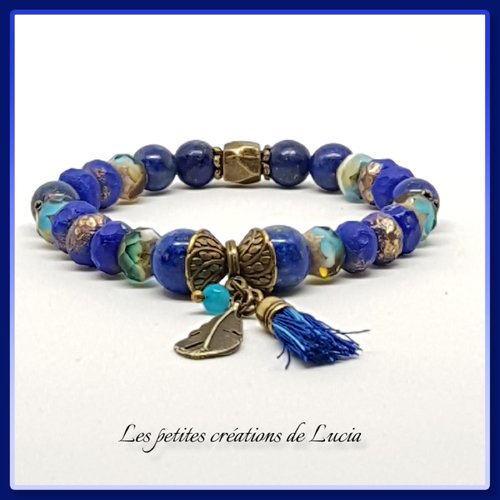 Bracelet bleu, bohème, perles de gemmes, lapis lazuli, perles tchèques, métal bronze, sur élastique