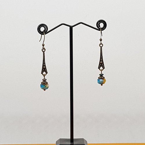 Boucles d'oreilles pendantes, bohèmes, bleues/marron/doré, perles tchèques