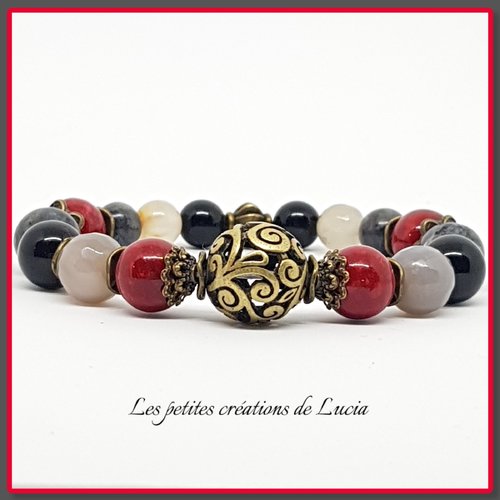 Plus en stock bracelet bohème, ethnique, rouge et noir, perles de jade, agates, labradorites, métal bronze