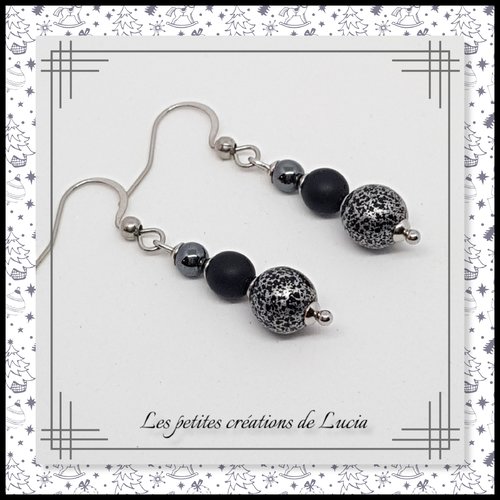 Boucles d'oreilles pendantes, noires et grises, acier inoxydable, perles de bohême