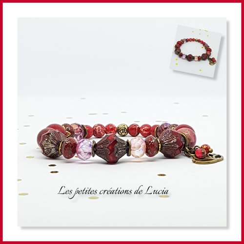 Bracelet ethnique, bohème, perles tchèques rouges, perles naturelles, métal bronze