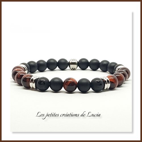 Bracelet homme sur élastique, noir et marron, perles naturelles, acier inoxydable