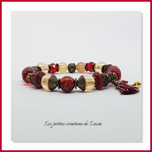 Bracelet bohème rouge et or, quartz, perles de jade, tchèques, métal bronze