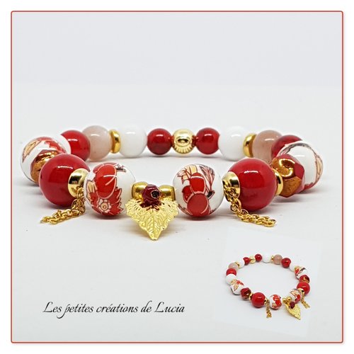 Bracelet élastique rouge et blanc, acier inoxydable, perles en céramique, perles naturelles