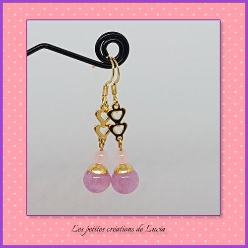 Boucles d'oreilles pendantes, perles naturelles roses violine, connecteur double coeur acier inoxydable doré ,