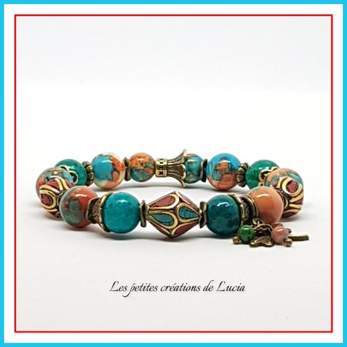 Bracelet bohème chic, multicolore, sur élastique, perles naturelles, perles tibétaines